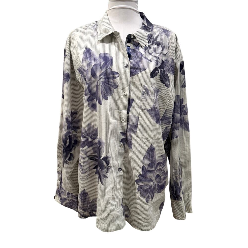 Johnny Was Delaney Blue Floral Striped Button Up Top Cotton Large Artsy  Luxury